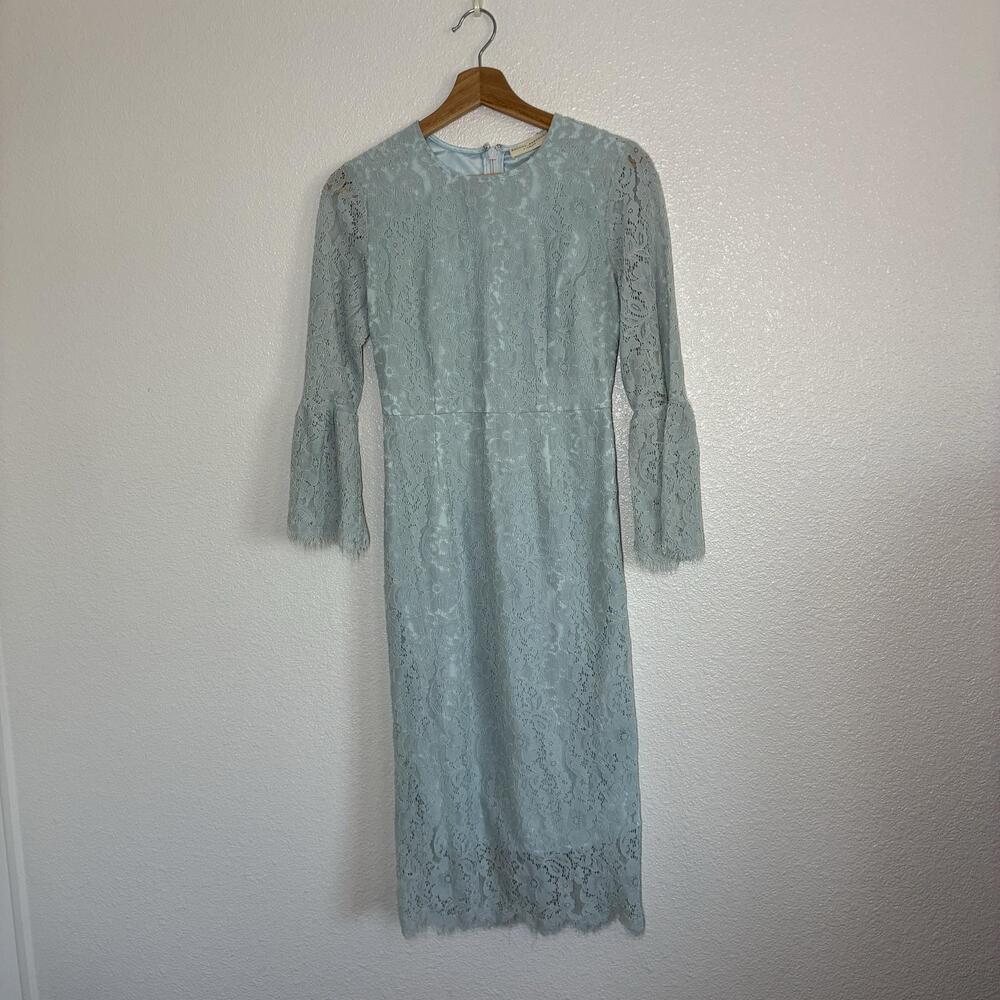 Rachel Parcell Dress Womens XS Blue Floral Lace Bell Sleeve Sheath Midi Wedding